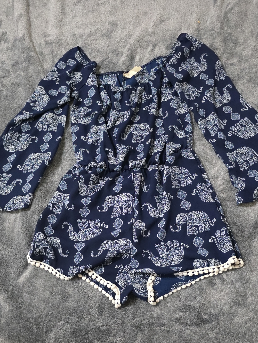 Women's Navy Elephant Print Off-Shoulder Romper